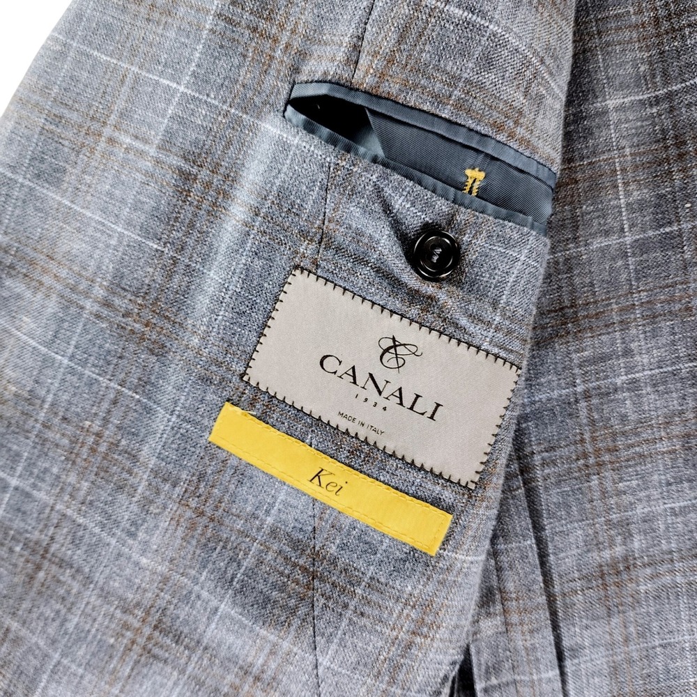 Canali Kei Men's 58R Blazer Wool Silk Linen Blue Plaid Sport Coat Made Italy